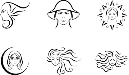 Collection of women portraits in line art style with different hair arrangements