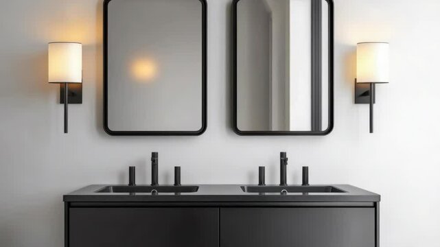 Modern bathroom interior with two sinks and mirrors on the wall, suitable for promotional materials or residential use