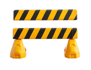 A yellow and black striped plastic traffic barrier with two feet, front view, white background, 