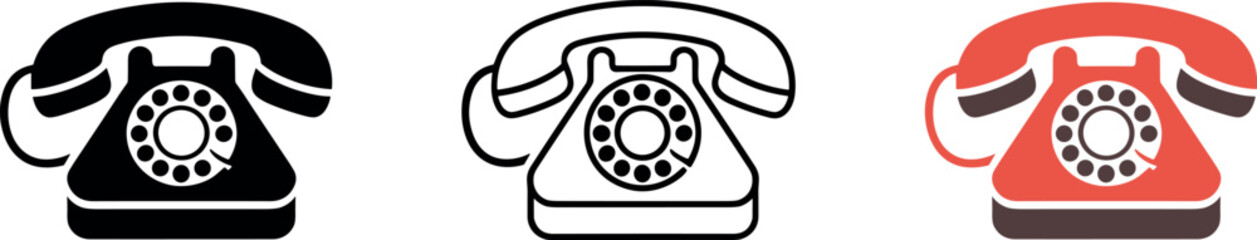 Vintage Rotary Telephone Icon Set Black Outline and Red Vector Illustrations