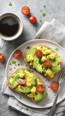 Top view of fresh vegan breakfast with avocado toast and tofu scramble