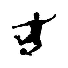 Silhouette of a male soccer player kicking a ball mid-action, captured in dynamic motion with one leg extended, symbolizing energy, sport, and athleticism.