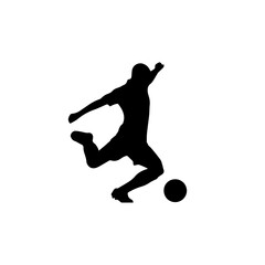 Silhouette of a male soccer player kicking a ball mid-action, captured in dynamic motion with one leg extended, symbolizing energy, sport, and athleticism.