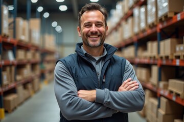Fototapeta premium Confident male warehouse supervisor displays leadership with a smile: close-up portrait with arms crossed.