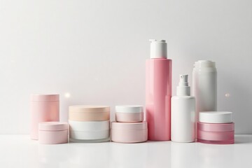 Assortment of cosmetic containers, pure white setting, elegant, set