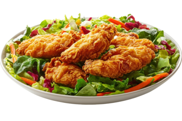 Crispy fried chicken atop a bed of vibrant greens  colorful veggies a fresh take on comfort food