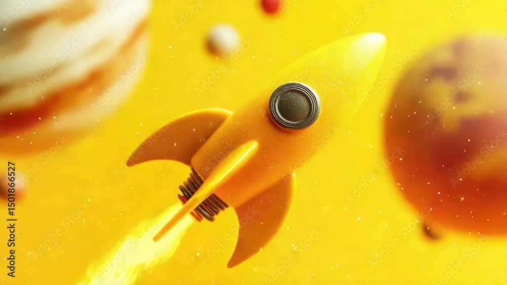 Poster a small yellow toy rocket soaring through the vastness of space, with stars and planets shining in t