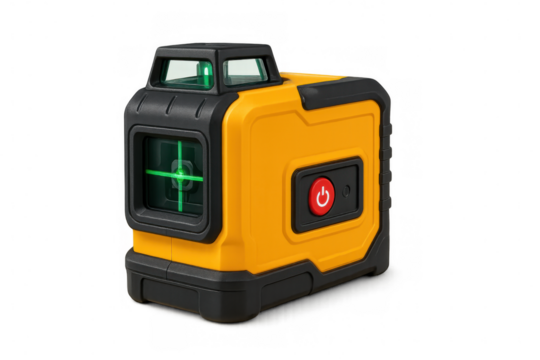 Yellow and black cross line laser level projecting green beams, isolated on transparent background