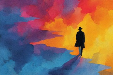 Vibrant Watercolor Silhouette of a Person Walking Through Abstract Hues