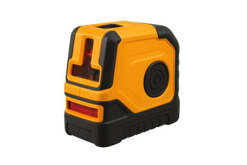 Compact yellow and black laser level with a transparent background, ideal for construction and alignment tasks, featuring a robust design