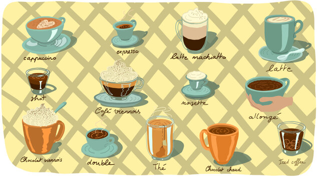 Carte de menu repr&eacute;sentant diff&eacute;rentes boissons pour un caf&eacute;