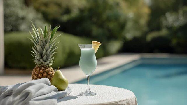 refreshing cocktail named tropical garden elegantly placed on table surrounded by fresh fruits and lush greenery