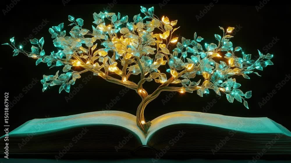 Poster an open book with a lit up tree on top, great for educational or literary concepts