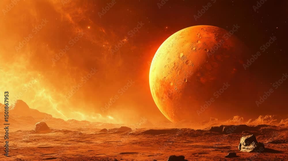 Poster A stunning image of an orange planet with a bright red moon in the background, perfect for use in space-themed designs or projects