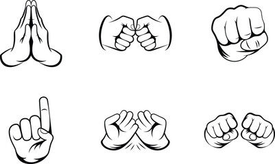 Hand gesture vector set black and white line art illustration collection