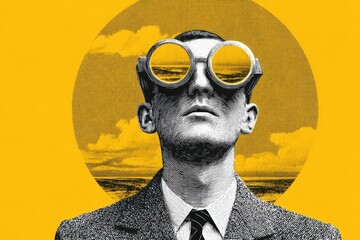 Fototapeta premium Surreal Businessman with Binoculars and Yellow Circle Background