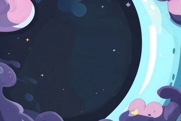 Whimsical cartoon illustration of a celestial dreamscape featuring a giant planet and soft purple clouds against a starry night sky. Fantasy cosmic background for creative projects