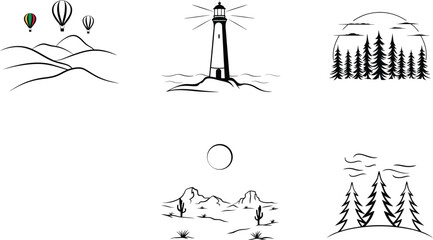 Collection of landscape silhouette illustrations featuring nature icons and outdoor elements