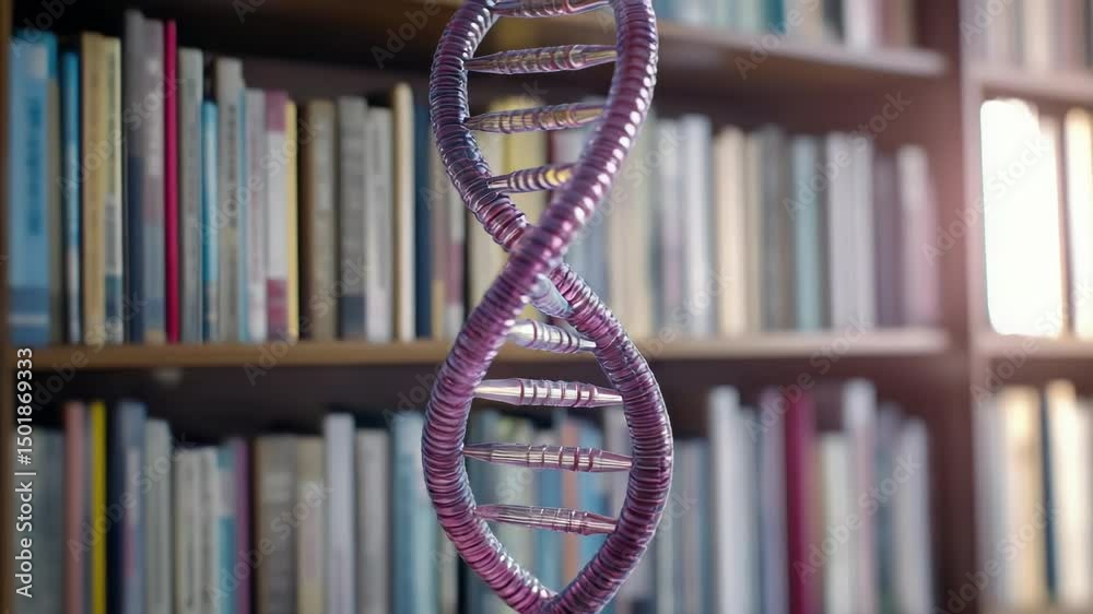 Poster microscopic view of double-stranded dna in front of a bookshelf, suitable for scientific or educatio