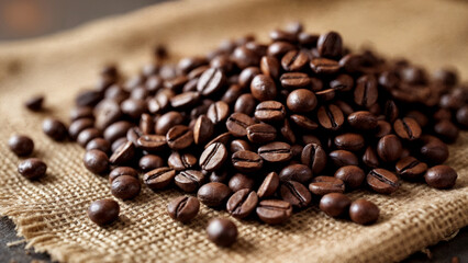 Roasted Coffee Beans on Burlap Fabric – Photorealistic Close-Up