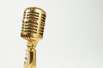 Fototapeta premium Close-up shot of a single, gold hip-hop style microphone isolated on white , hip hop microphone, isolated