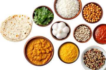 Curry Feast Bowls of Indian fare with rice spices and roti on black