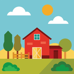 Fototapeta premium Cartoon farm landscape with red barn,trees,clouds,and sunshine illustration