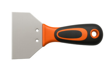 Metal putty knife with orange and black ergonomic handle isolated on transparent background, ready for scraping and patching tasks