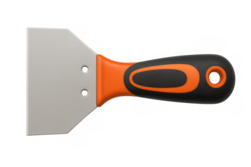 Metal putty knife with orange and black ergonomic handle isolated on transparent background, ready for scraping and patching tasks