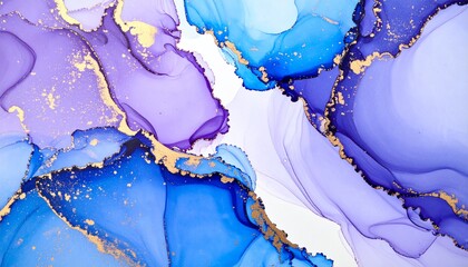 ラグジュアリーな紫×青のマーブル模様Dreamy Ink Art with Blue, Purple, and Gold Highlights