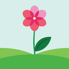Simple pink flower growing on green hill,nature illustration vector design