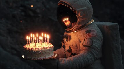 An astronaut holds a birthday cake with lit candles in a space setting