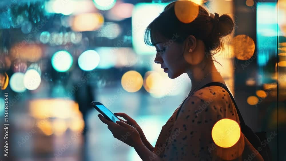 Poster a person looking at their smartphone, possibly checking notifications or messaging
