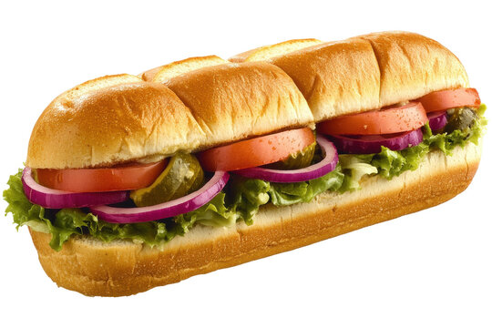 Delectable footlong sub sandwich overflowing with fresh veggies on a toasted bun