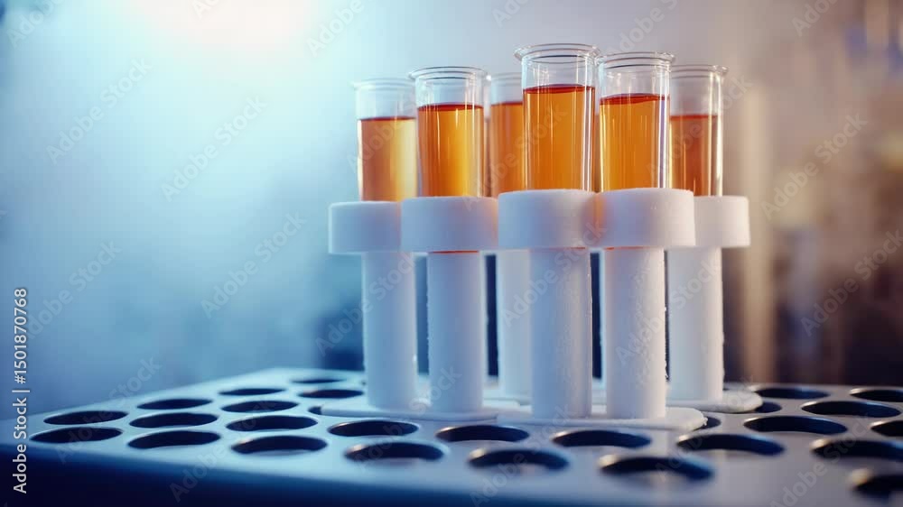 Poster a close-up view of a bunch of glasses filled with various liquids, perfect for use in scientific or 