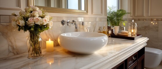 Serene bathroom vanity with floral display