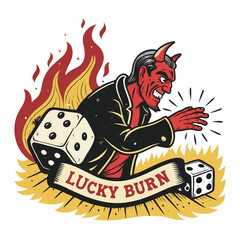 Design a badge depicting a fiery demon rolling dice, engulfed in flames, for a 