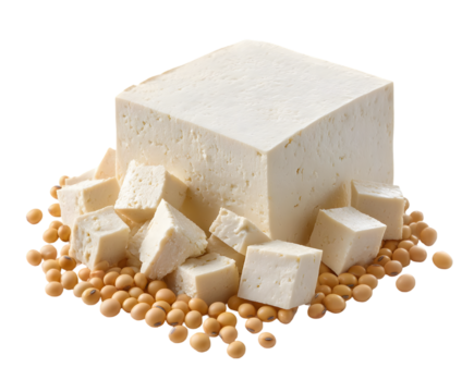 Block of Tofu and Soybeans on Transparent Background