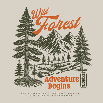outdoor t-shirt graphics.  Autumn winter  graphics print artwork. adventure t-shirt design. mens graphic design.wild forest tee