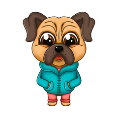 Cute Cartoon Pug Dog in Hoodie Clipart for Kids and Stickers