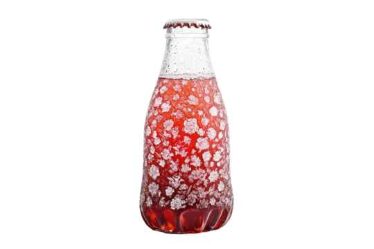 Frosty Red Elixir A chilled bottle shimmers adorned in floral ice crystals against a stark void
