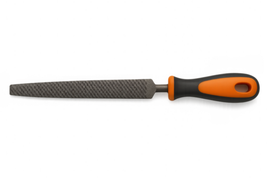 Metalworking rasp tool with orange and black handle isolated on transparent background, ideal for diy and professional projects