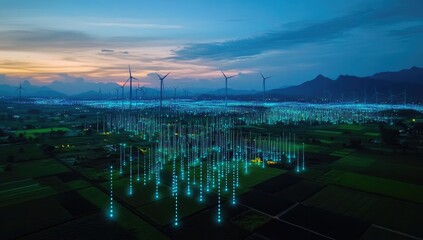 Aerial view of wind turbines and digital energy network in a rural landscape at sunset.  Fields, mountains, and illuminated connecting lines