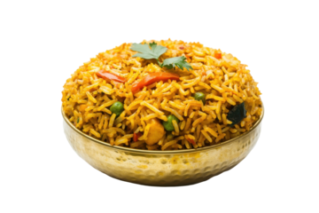 Fragrant biryani overflows from a hammered gold bowl adorned with fresh coriander