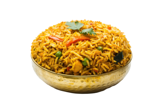 Fragrant biryani overflows from a hammered gold bowl adorned with fresh coriander