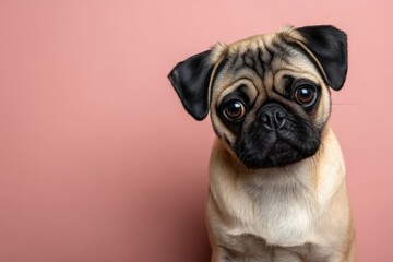 Lost in adorable thoughts a precious Pug gazes, its expressive eyes capturing the innocence of a beloved companion against a soft Coral canvas