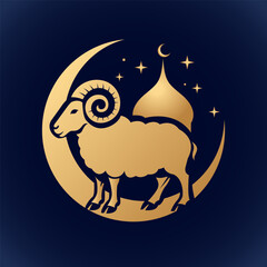 greeting card for muslim festival of sacrifice eid al-adha. islamic crescent moon, barn and golden mosque with stars. vector illustration