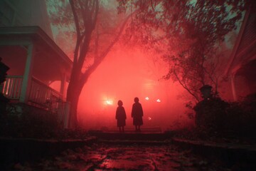Children in Costumes Exploring a Spooky Red-Lit Haunted House for Halloween