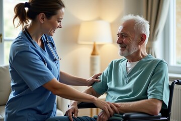 Obraz premium Caring Nurse Supports Elderly Man in Wheelchair in His Home
