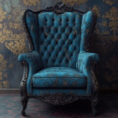 Antique teal wingback chair in ornate setting